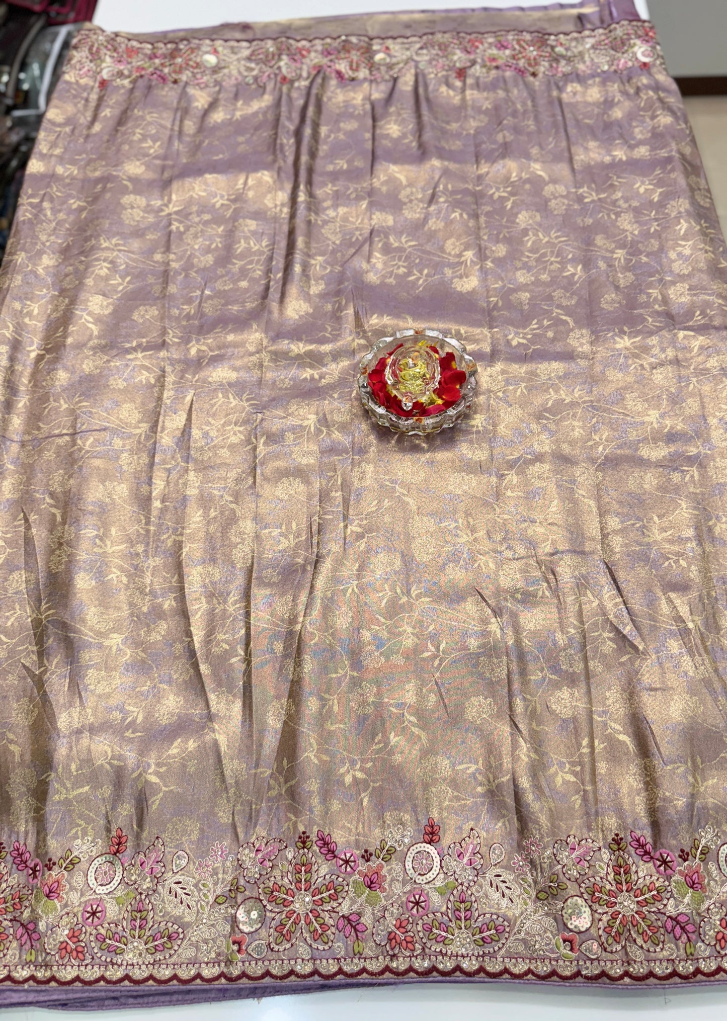 Tissue Silk Saree with Embroidery, Sequin, and Mirror Work Border – Festive Saree for Women