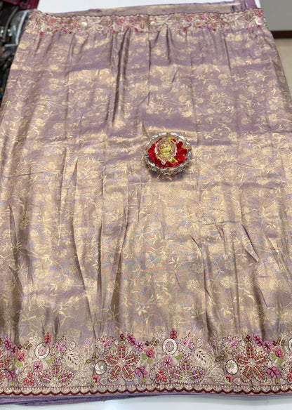 Tissue Silk Saree with Embroidery, Sequin, and Mirror Work Border – Festive Saree for Women