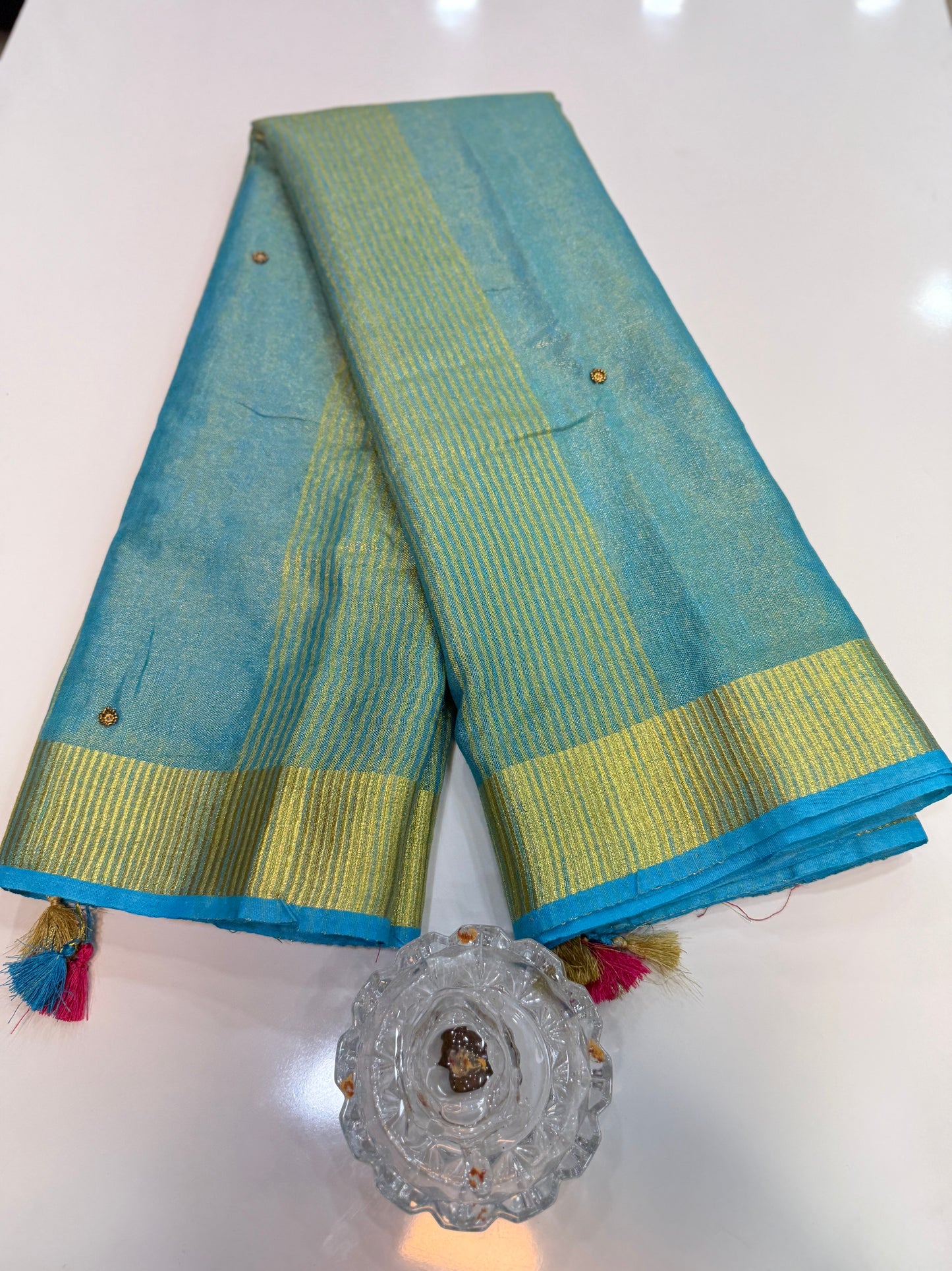 Pure Tissue 150 Count Linen Handloom Saree with Handwork and Running Blouse for Women