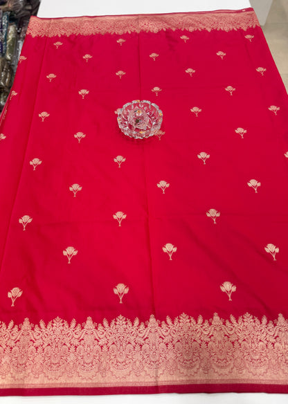Soft silk saree with woven floral border and contrast brocade blouse piece