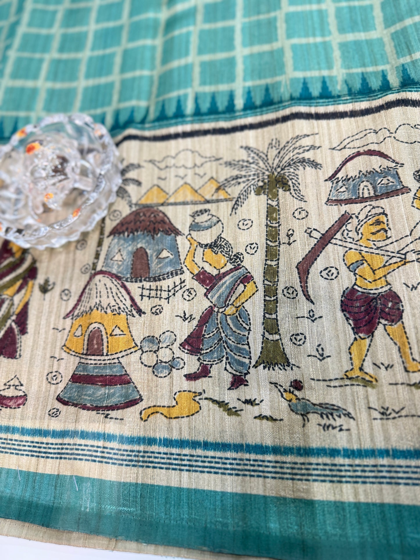 Spider Silk Saree with Folk Art Print Border and Tassel Pallu