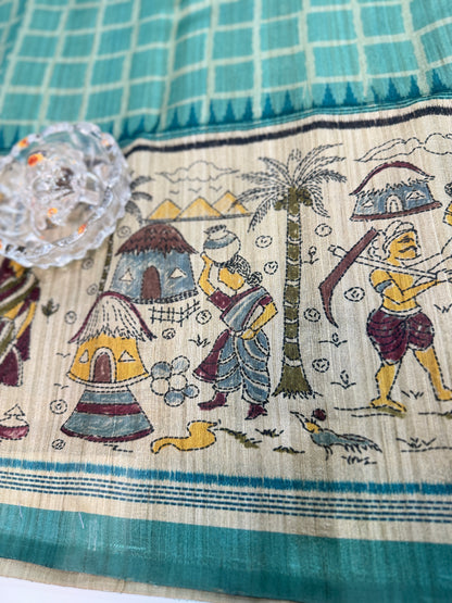 Spider Silk Saree with Folk Art Print Border and Tassel Pallu