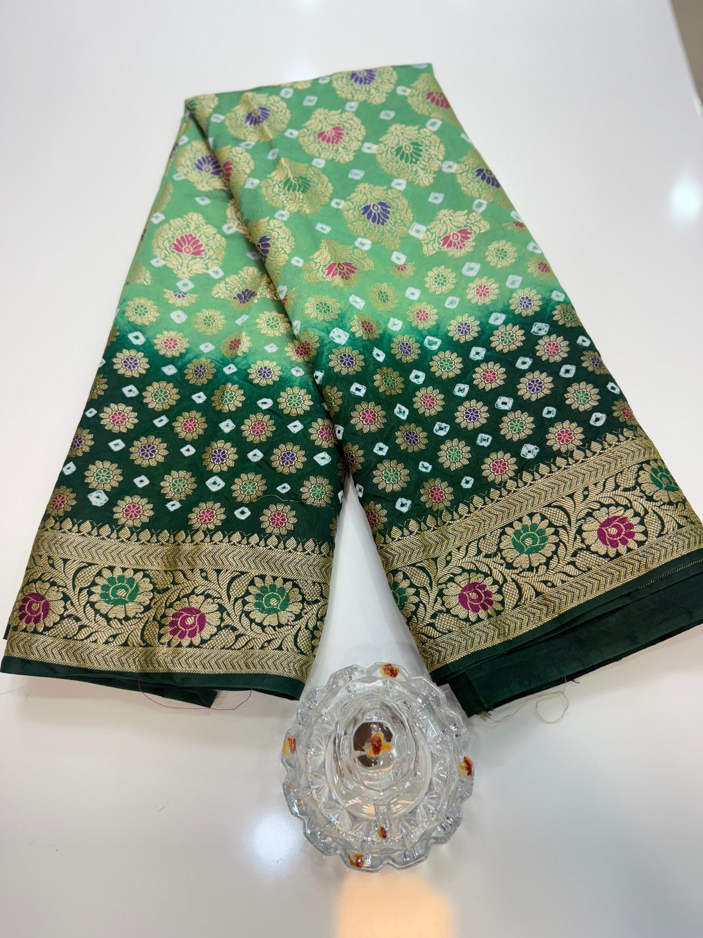 Banarasi dupiyan bandhani saree with semi-weaving neemjari work and hand chunri craftsmanship