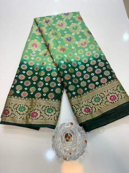 Banarasi dupiyan bandhani saree with semi-weaving neemjari work and hand chunri craftsmanship