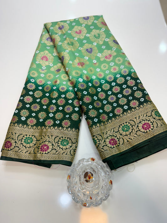 Banarasi dupiyan bandhani saree with semi-weaving neemjari work and hand chunri craftsmanship