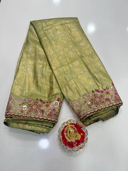 Tissue Silk Saree with Embroidery, Sequin, and Mirror Work Border – Festive Saree for Women