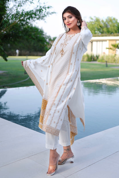 Pure Cotton Jacquard Kurti Pant Dupatta Set with Mirror Work Detailing for Women
