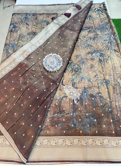 Tissue Zari Silk Saree with Digital Print and Woven Border – Premium Festive and Wedding Saree for Women