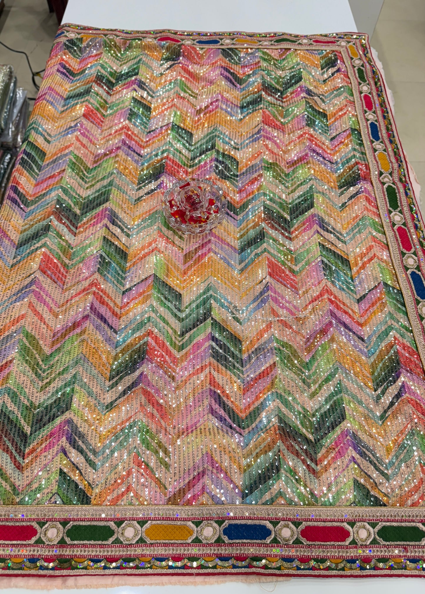 Peach Sequin Embroidered Saree for Women – Fancy Designer Fabric with Multicolour Border and 3D Floral Work