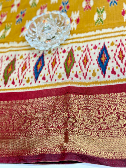 Semi Maheshwari Silk Saree with Zari Border & Ikat Style Weaving for Women