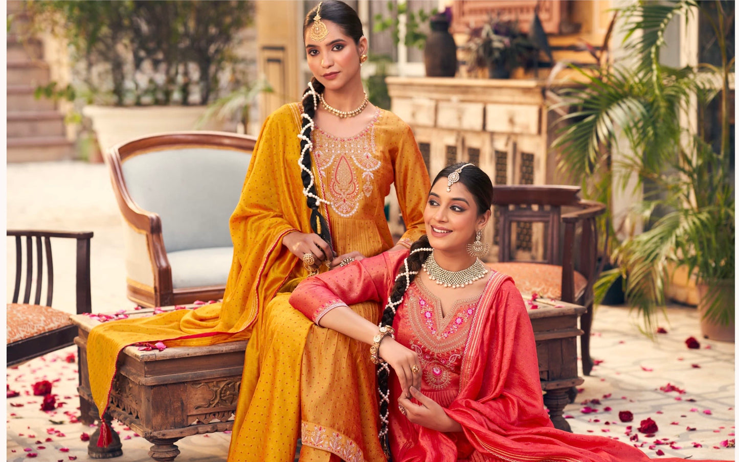Silk Three-Piece Suit Set with Fancy Work and Ivory Print for Women – Sizes XL to 3XL