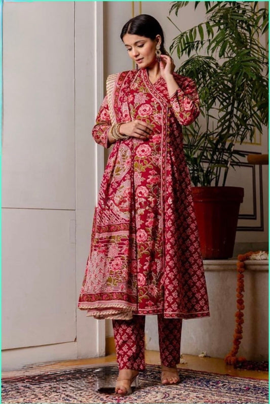 Floral Cotton Angrakha Suit Set for Women with Zari and Mirror Work – Flared Style with Dupatta