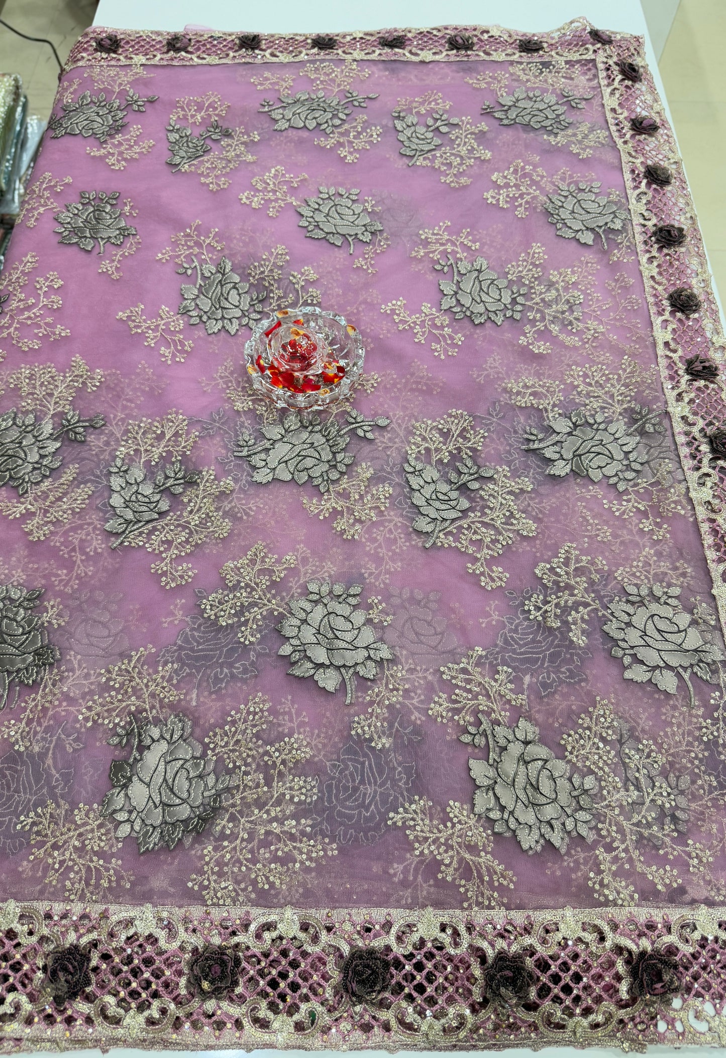 Lilac Sequin Embroidered Saree for Women – Fancy Designer Fabric with Floral Lace Border