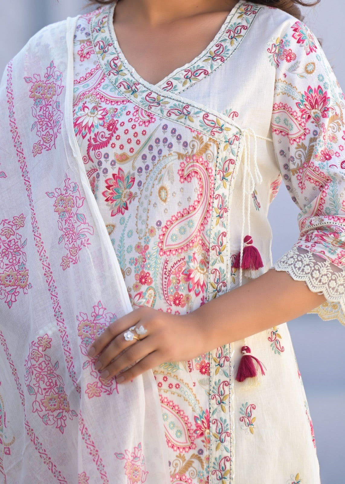 Women’s digital cotton kurta pant dupatta set with thread embroidery – summer ethnic wear