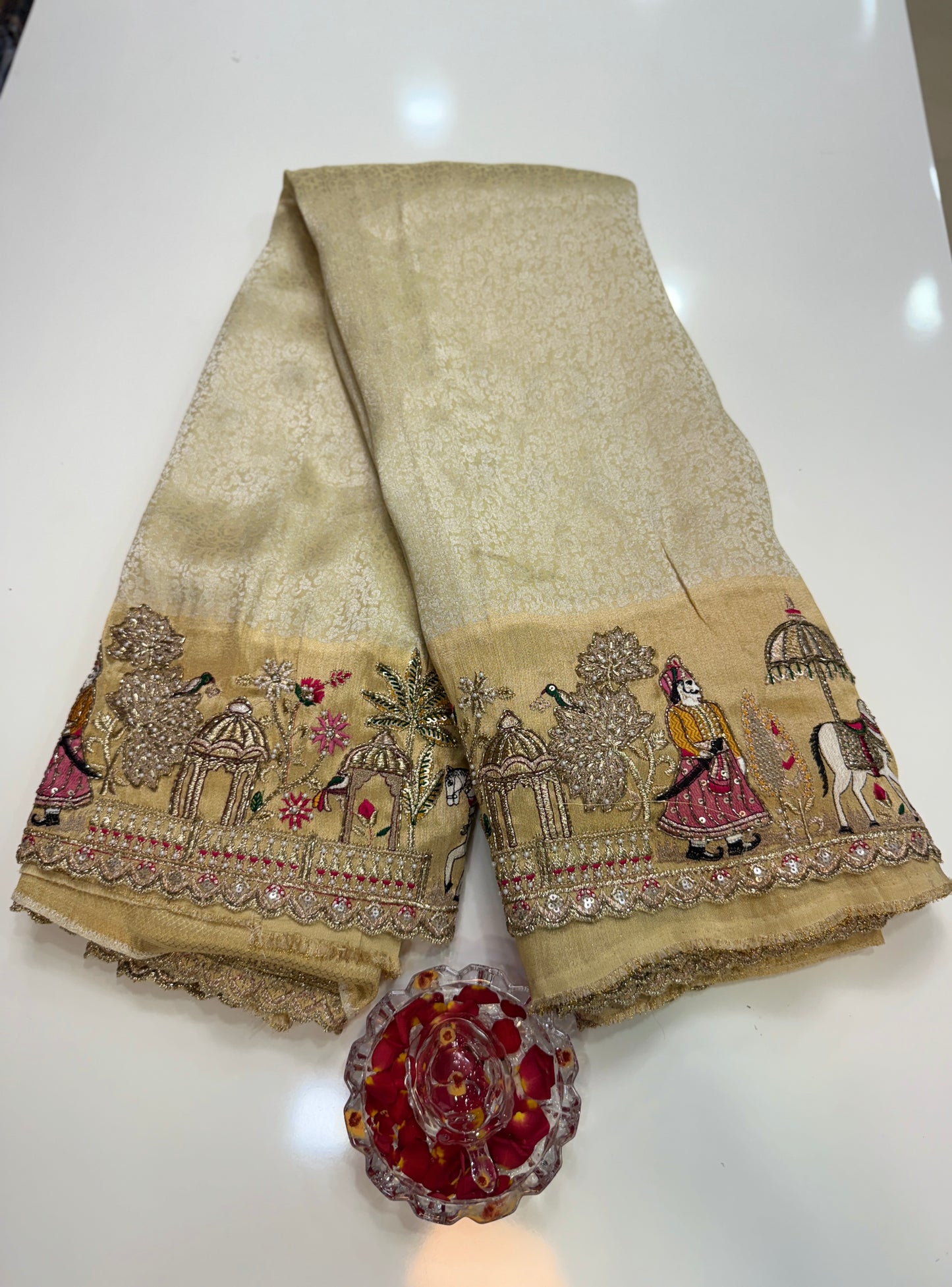 Cream Pure Ziraf Silk Saree with Zari, Thread, Cut Dana & Moti Heavy Work – Bridal and Festive Wear