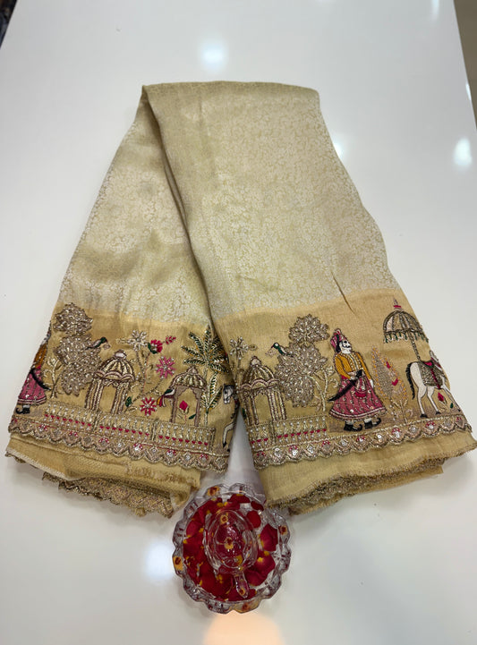 Cream Pure Ziraf Silk Saree with Zari, Thread, Cut Dana & Moti Heavy Work – Bridal and Festive Wear