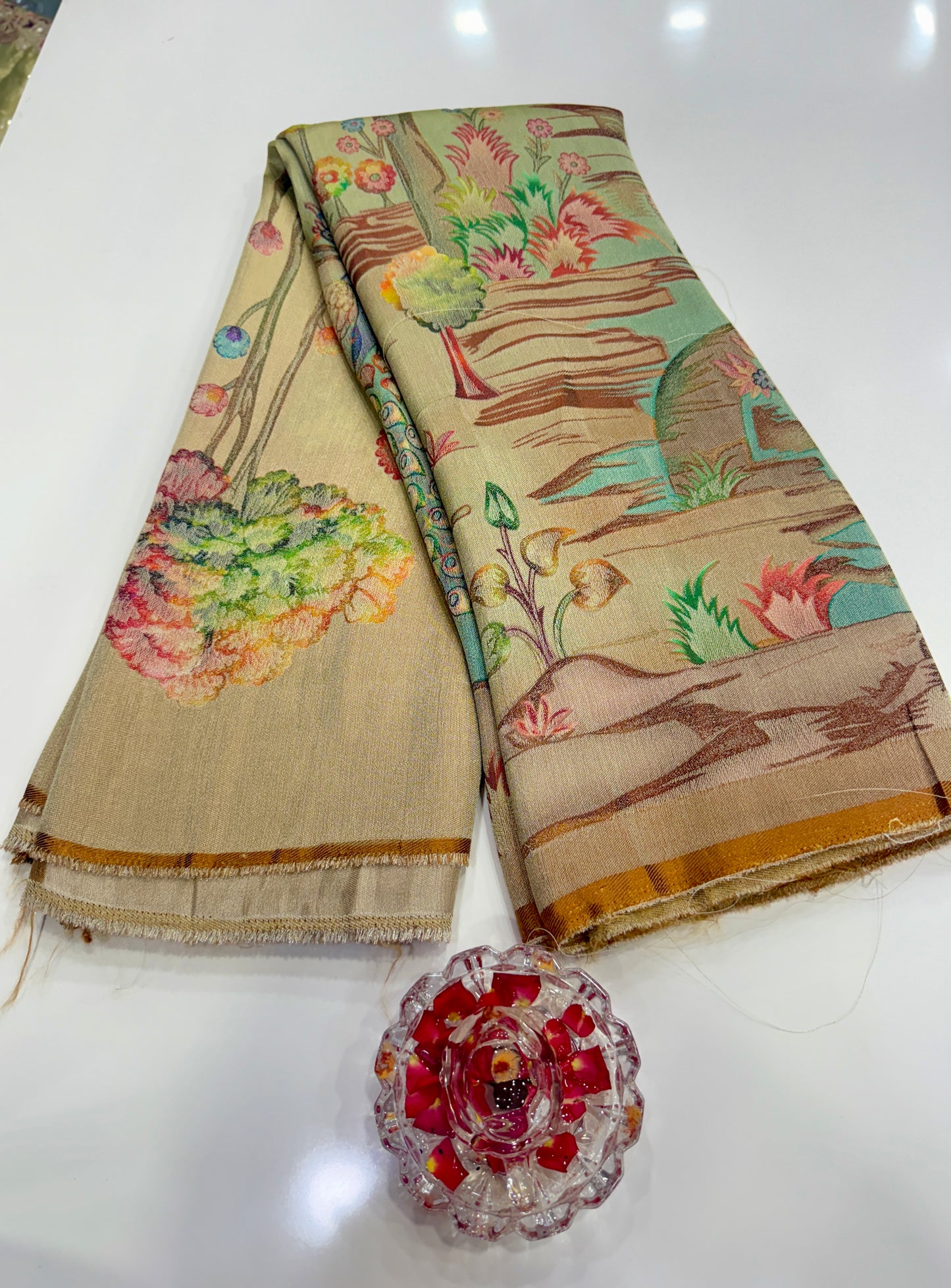 Pure Ziraf Silk Peacock Print Saree with Colorful Nature Motifs and Geometric Border – Soft Silk Printed Saree for Women