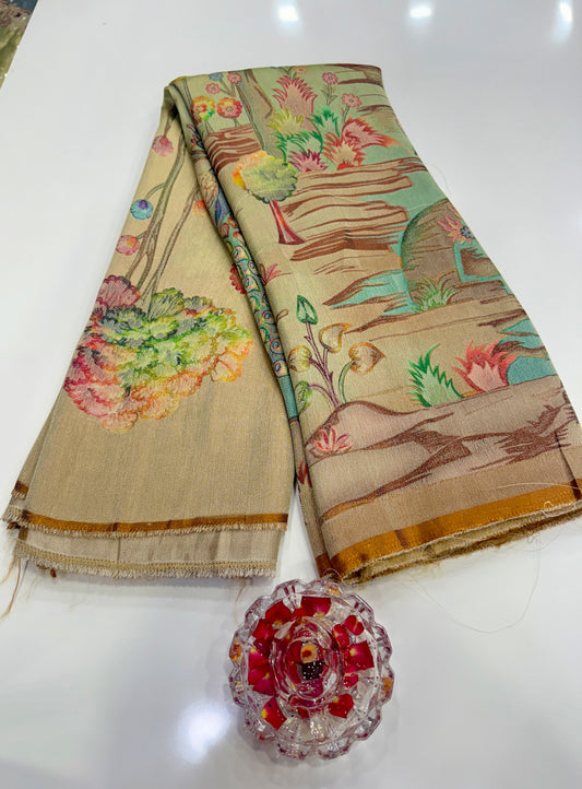 Pure Ziraf Silk Peacock Print Saree with Colorful Nature Motifs and Geometric Border – Soft Silk Printed Saree for Women