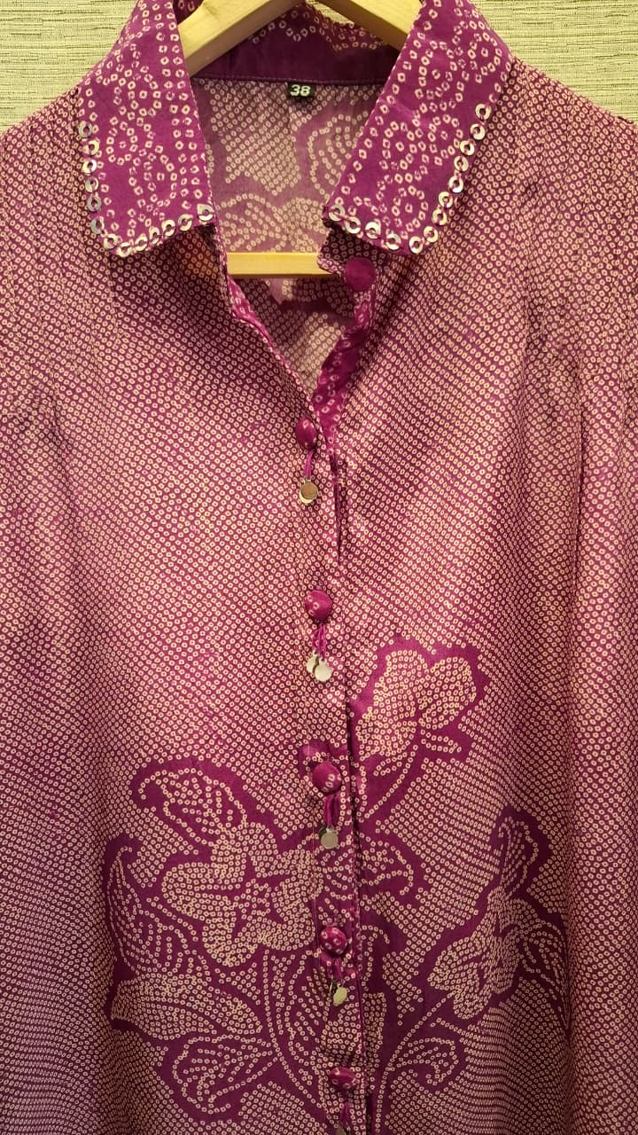 Crepe Bandhani Printed Top with Pintuck Detailing and Metal Buttons for Women