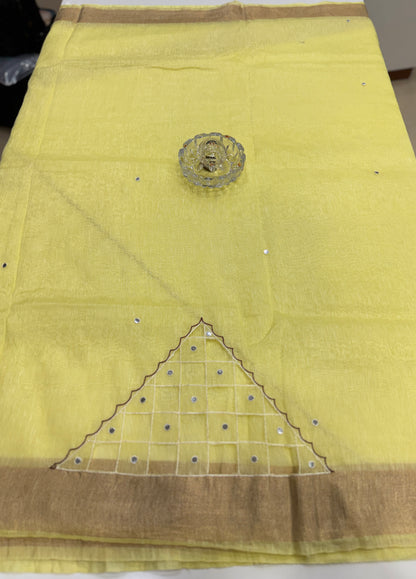 Pure Tissue 150 Count Linen Handloom Saree with Handwork and Running Blouse for Women