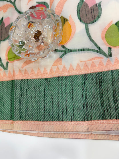 Soft silk floral printed saree with contrast blouse, lightweight festive wear saree for women