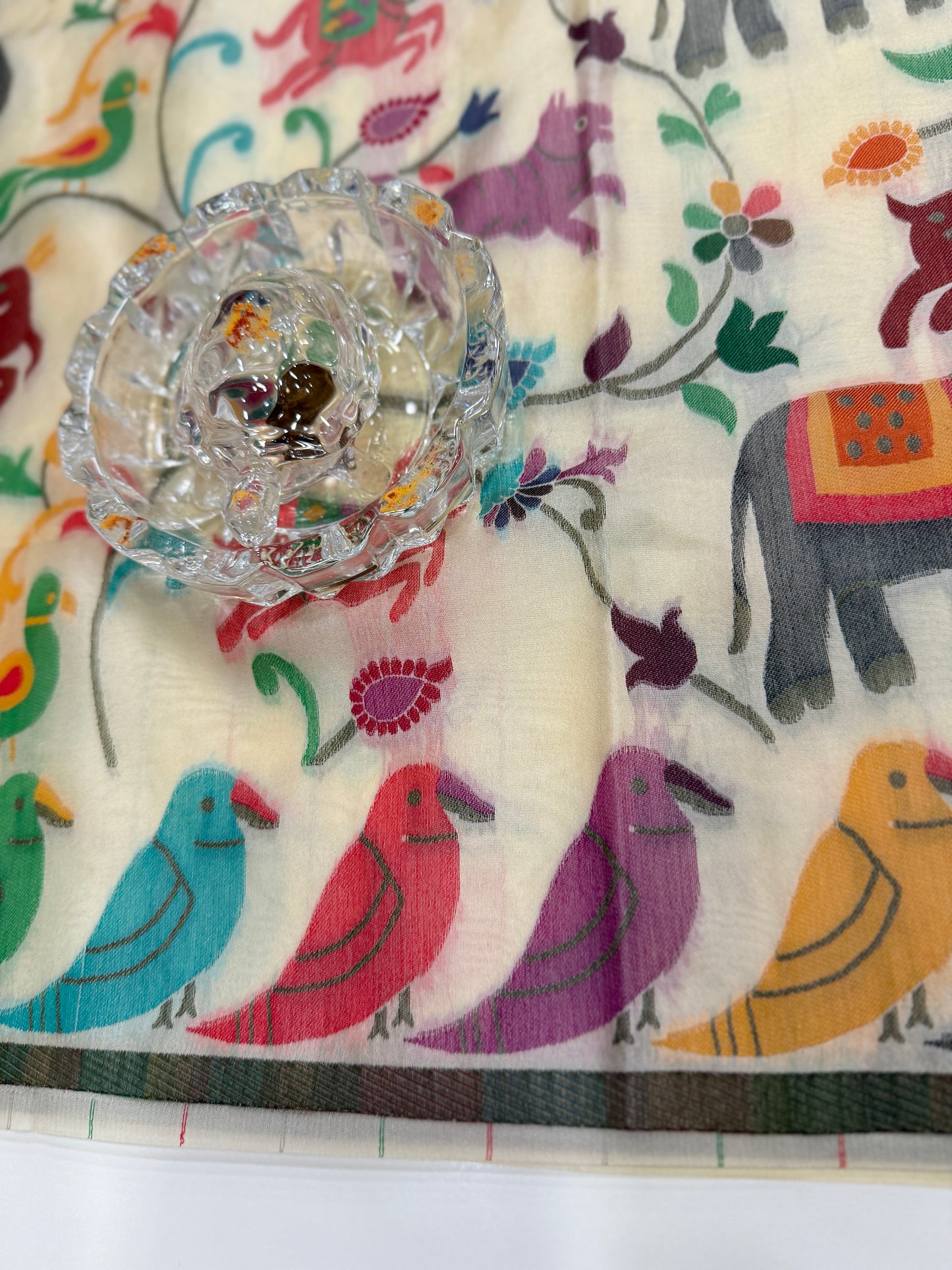 Soft silk printed saree with multicolour ethnic motifs and contrast blouse piece