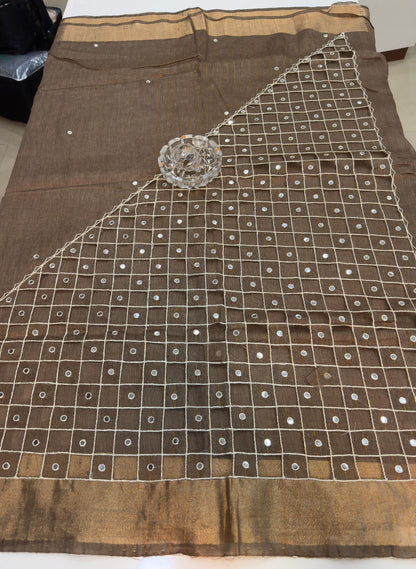 Pure Tissue 150 Count Linen Handloom Saree with Handwork and Running Blouse for Women