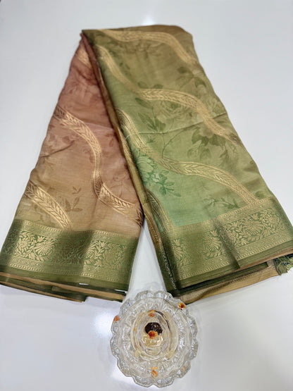 Bamboo Silk Floral Printed Saree with Rich Decorative Pallu, All Over Rich Leheriya Pattern