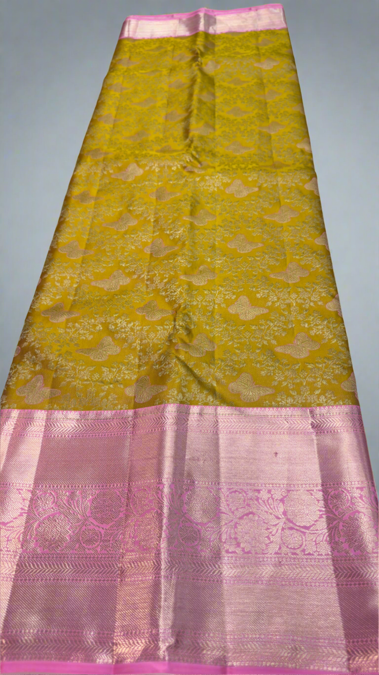 Handloom Kanchi Silk Saree with Silver Zari Weaving in Mustard Yellow for Women