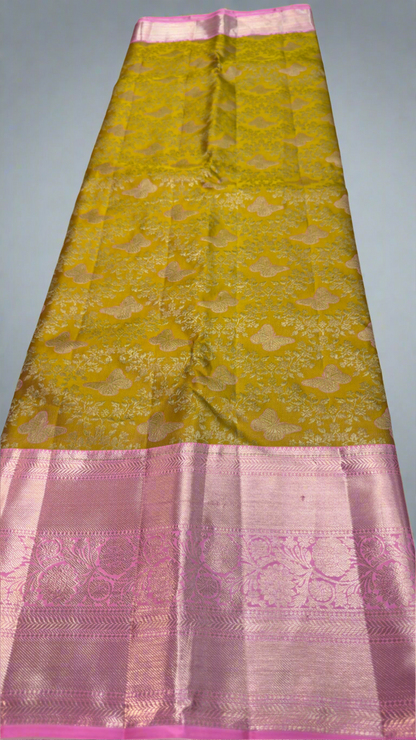 Handloom Kanchi Silk Saree with Silver Zari Weaving in Mustard Yellow for Women
