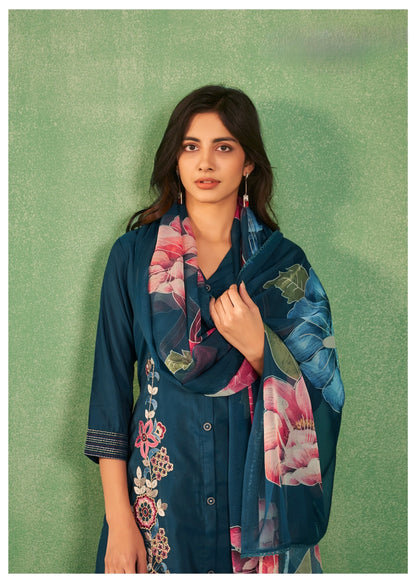 Viscose Silk Kurta Pant Dupatta Set with Printed Dupatta and Lace Finish – Sizes M to XXL