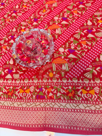 Pure Kaddi Georgette Zari Weaving Saree in Rust Orange with Antique Gold Pattern and Traditional Floral Borders – Festive & Wedding Wear for Women