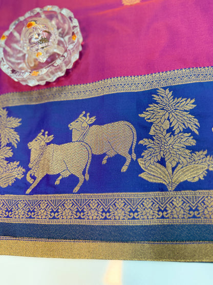Handloom styled Silk Pichwai Saree with Woven Border and Contrast Blouse