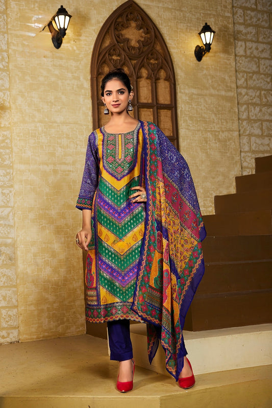 Russian Silk Kurti Pant Dupatta Set with Organza Dupatta and Handcrafted Work – Sizes M to 2XL