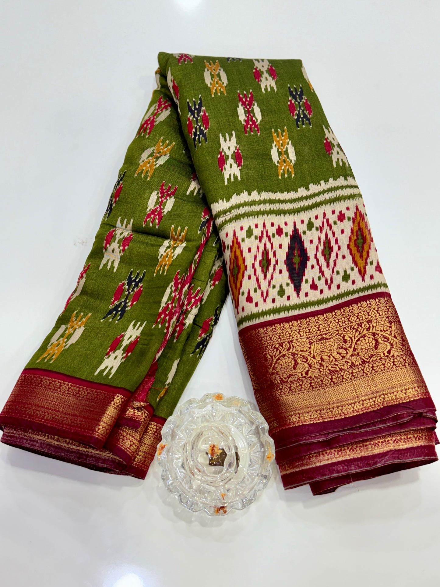 Semi Maheshwari Silk Saree with Zari Border & Ikat Style Weaving for Women