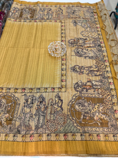 Spider Silk Saree with Folk Art Print Border and Tassel Pallu