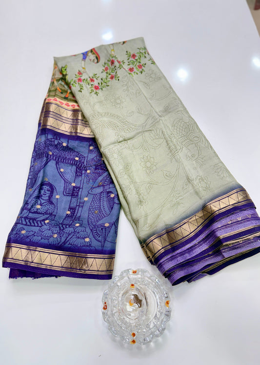 Mysore-Style Viscose Crepe Saree with Zari Border and Digital Heritage Print for Women