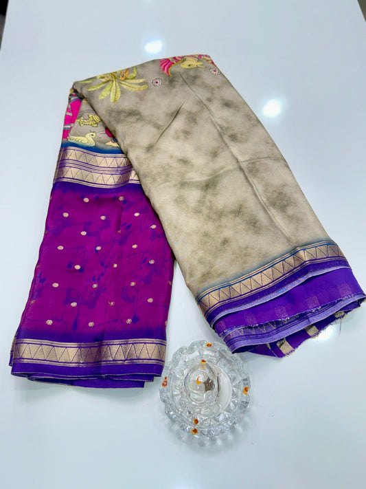 Mysore-Style Viscose Crepe Saree with Zari Border and Digital Heritage Print for Women