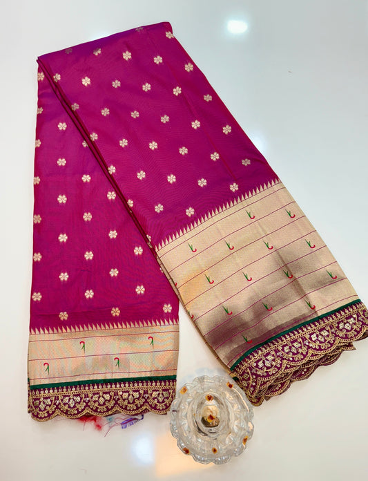 Paithani Lace Border Saree with Parrot Motifs and Contrast Blouse