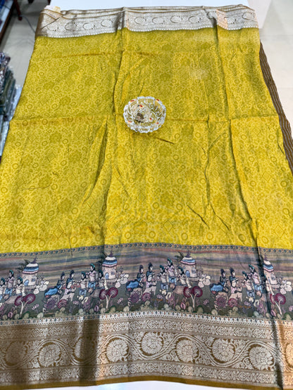 Russian Viscose Crepe Silk Chittpallu Saree with Heritage Print and Zari Border for Women