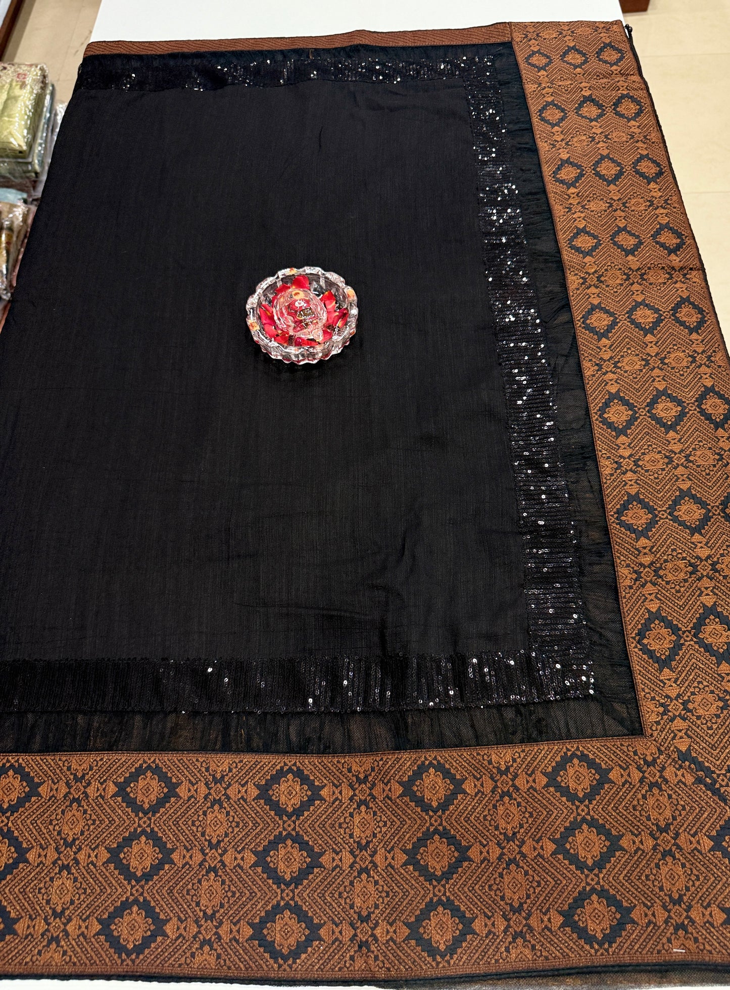 Black Silk Saree with Embroidery Lace Work, Patchwork and Art Silk Blouse