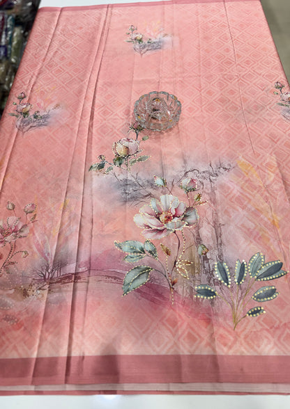 Japan satin saree for women with position print pallu and blouse, soft satin printed saree for festive and casual wear