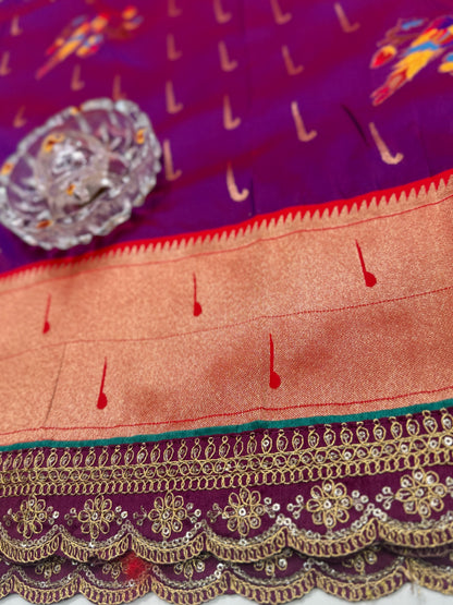 Paithani Lace Border Soft Silk Saree with Contrast Blouse for Women