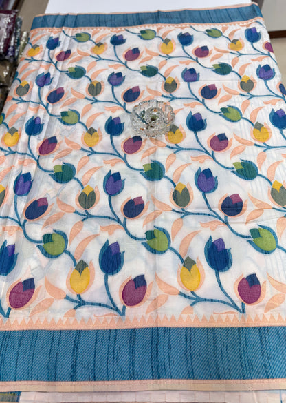 Soft silk floral printed saree with contrast blouse, lightweight festive wear saree for women