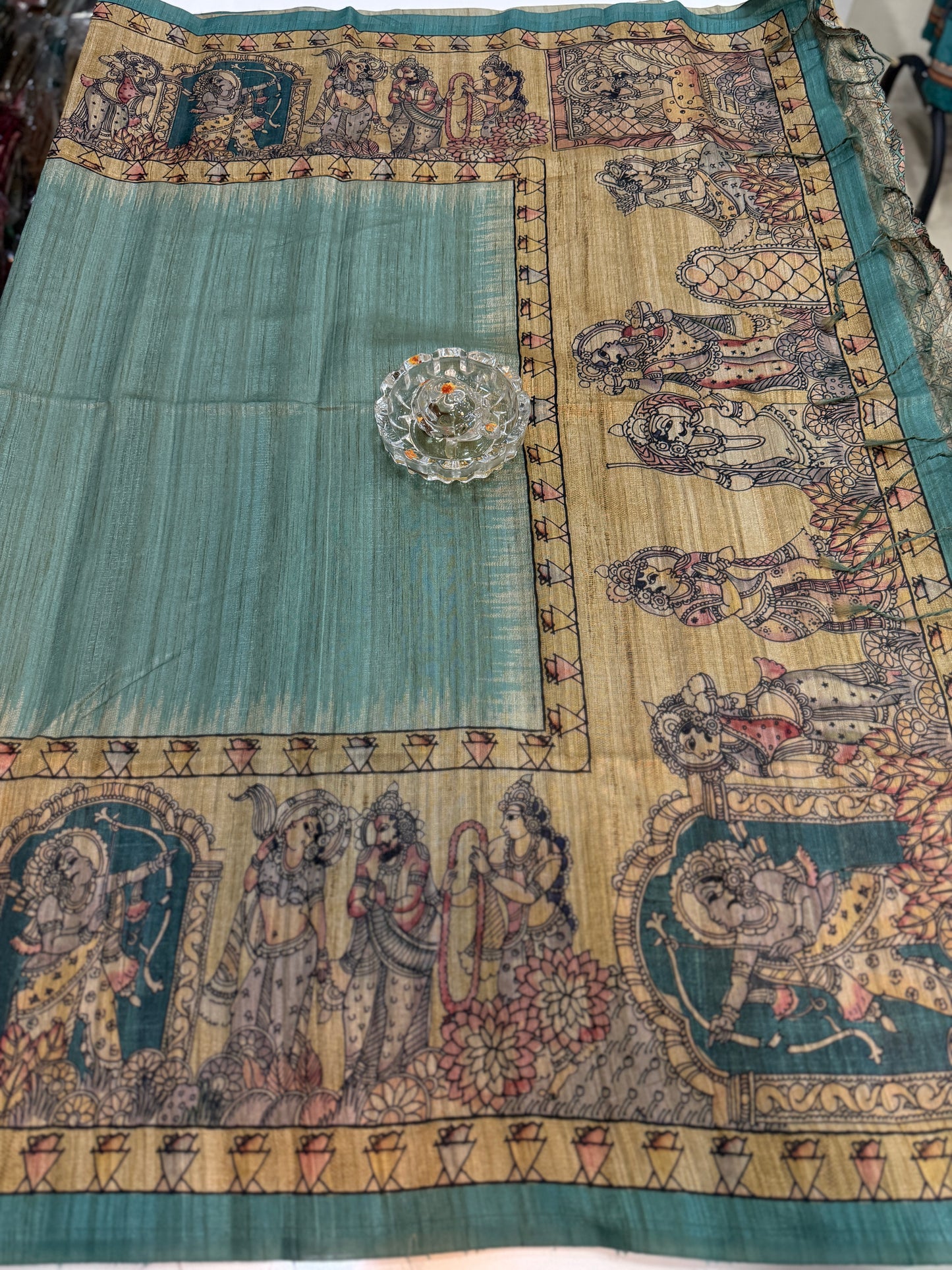 Spider Silk Saree with Folk Art Print Border and Tassel Pallu