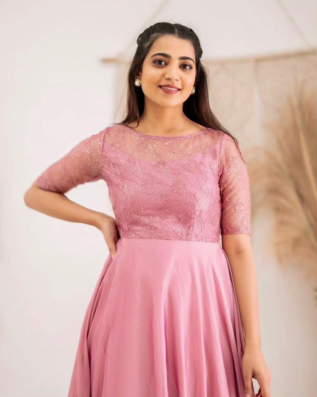 Stunning Pastel Pink Party Wear Gown with Butterfly Net and Embroidery