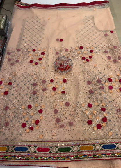 Peach Sequin Embroidered Saree for Women – Fancy Designer Fabric with Multicolour Border and 3D Floral Work