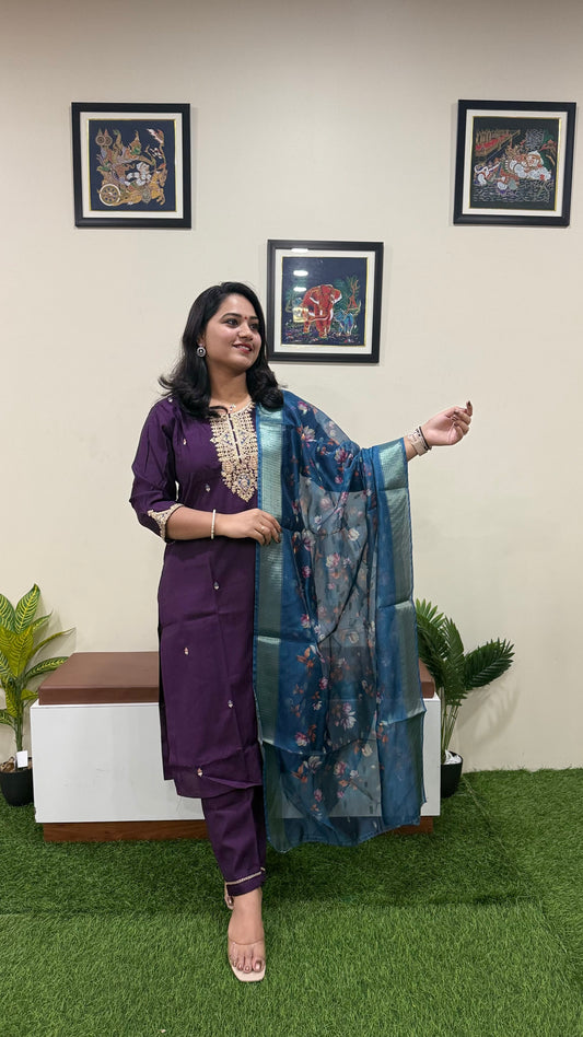 Vertican Silk Straight Cut Kurta Pant Dupatta Set with Organza Digital Print Dupatta – Sizes XL to 3XL
