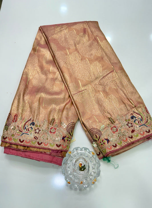 Tissue Silk Saree with Embroidery, Sequin, and Mirror Work Border – Festive Saree for Women