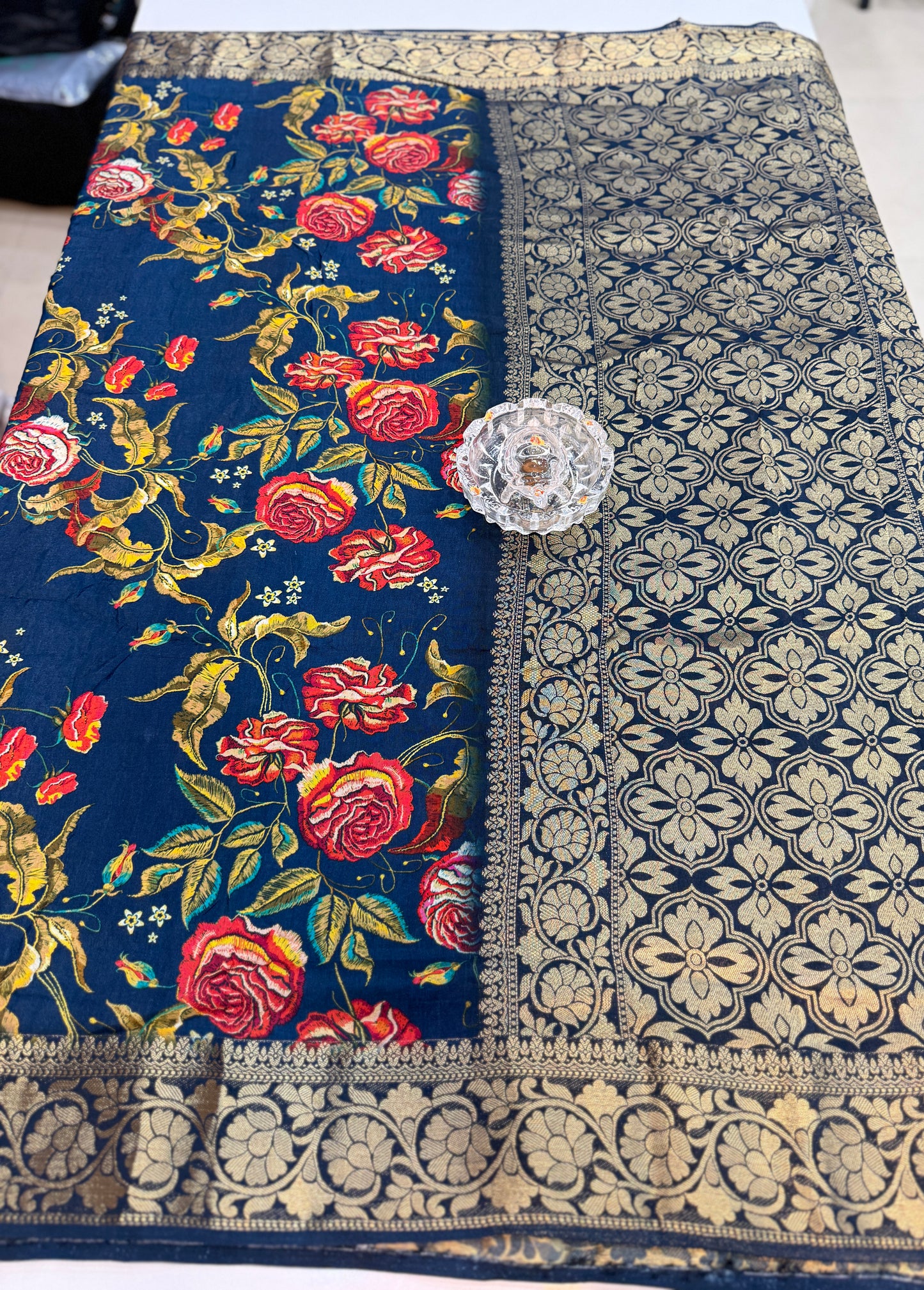 Pure Viscose Crepe silk saree with digital floral print and woven zari border for women